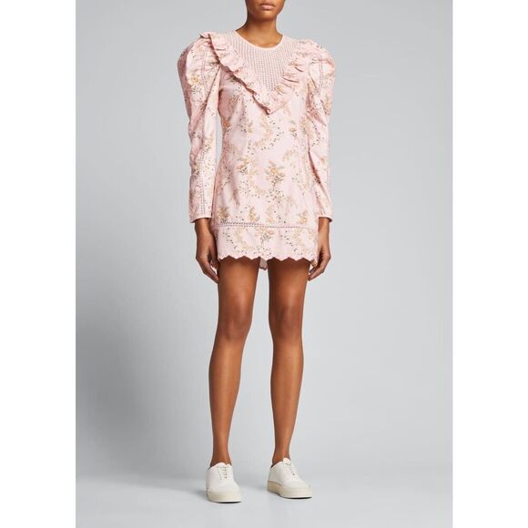 NWT LoveShackFancy Womens Puff Sleeve Cedella Mini Dress Honey Dew Pink Sz 4 - Picture 4 of 15